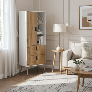 Sunvega Tall Dresser with Door, 2 Drawers, and Open Shelves for Storage