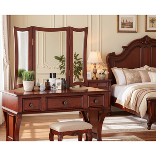 Sunvega Black Modern Bedroom Vanity Set with Stool Foldable Mirror and Drawers