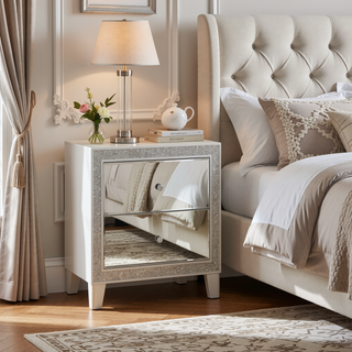 Sunvega Champagne Finish 2-Drawer Nightstand with Mirrored Accents and Felt Lined Top