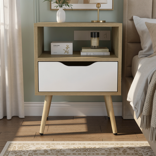 Sunvega White and Macadamia Modern Nightstand with Drawer and Open Shelf