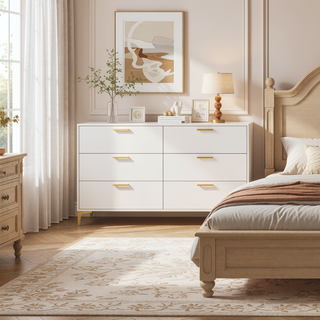 Sunvega White Dresser with Six Deep Drawers and Gold Handles for Modern Bedroom