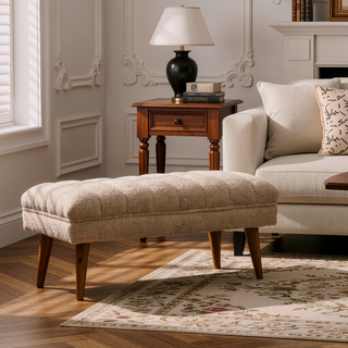 Sunvega Cream Boucle Puffer Bench with Curved Top and Nordic Legs for Living Room
