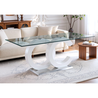 Sunvega Modern White Tempered Glass Dining Table with OC-Shaped Stainless Steel Base