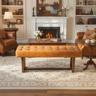 Sunvega Mid-Century Modern Tan Leather Bench with Solid Wood Frame for Living Room