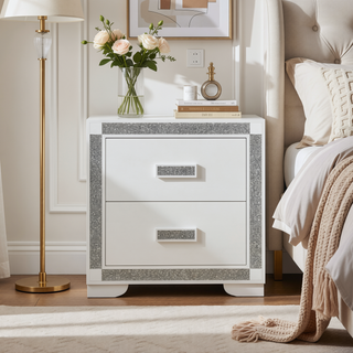 Sunvega White Nightstand with Integrated Speaker Cooler Insert and Glitter Detailing