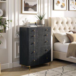 Sunvega Black Wood Grain 5-Drawer Chest with Gold Legs for Bedroom