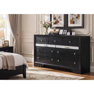 Sunvega Modern Glam Seven Drawer Dresser with Two Jewelry Trays and Black Finish