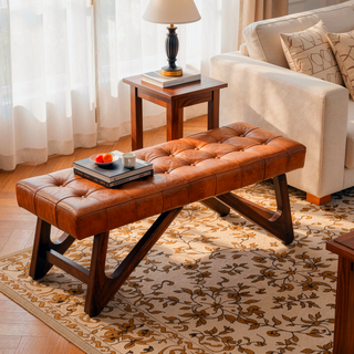 Sunvega Mid-Century Modern Tan Leather Upholstered Bench with Buttons and Solid Wood Frame