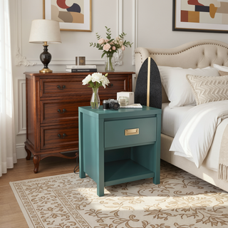 Sunvega Timeless 1 Drawer Nightstand with Vintage Gold Pulls and Open Cubby