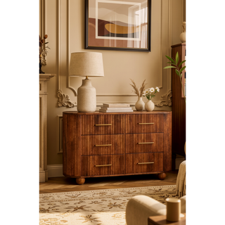Sunvega Solid Mango Wood Ridgefront Chest with Six Fluted Drawers in Roasted Almond