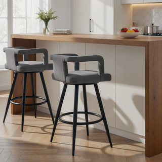 Sunvega Gray Faux Leather and Black Metal Swivel Bar Stool with Footrest