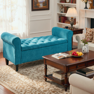Sunvega Teal Tufted Storage Ottoman Bench with Rolled Arms for Bedroom Living Room