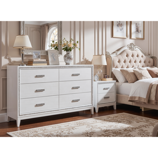 Sunvega White Finish Transitional Glam Nightstand with Spacious 2-Drawer Storage