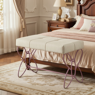 Sunvega White and Light Pink Tufted Bench with Butterfly Design and Padded Seat
