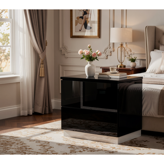 Sunvega Modern Lacquer Wood Nightstand with Rhinestones and Gloss Finish