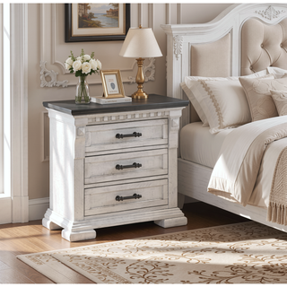 Sunvega Antique White Transitional Wood Nightstand with Three Convenient Drawers