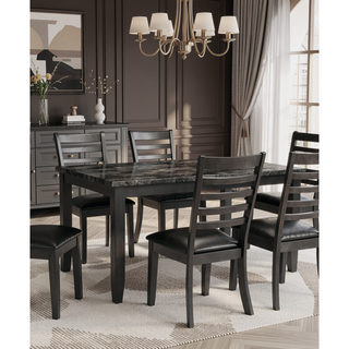 Sunvega Transitional Style Dark Gray 7pc Dining Set with Faux Marble Table Top
