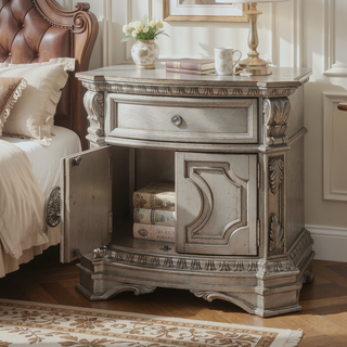 Sunvega Antique Champagne Finish Nightstand with Drawer and Cabinet for Bedroom