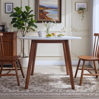 Sunvega Minimalist Mid Century Modern White Top Dining Table with Solid Wood Legs