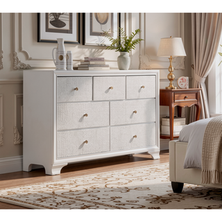Sunvega Modern Glam White Crocodile Texture Two Drawer Nightstand with Crystal Pulls