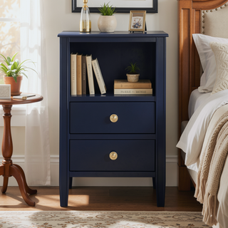 Sunvega Antique White Winston 2-Drawer Nightstand with Open Shelf and Fluted Legs