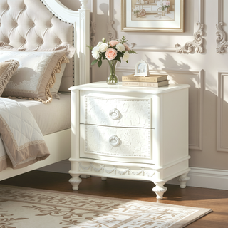 Sunvega Ivory Nightstand with Two Drawers and Floral Details for Bedroom