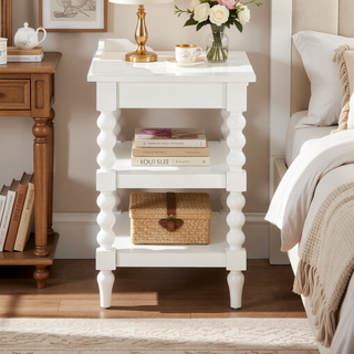 Sunvega Antique White Aria Nightstand with Pull-Out Tray and Vintage Spool Turned Legs