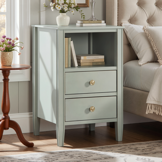 Sunvega Antique White Winston 2-Drawer Nightstand with Open Shelf and Fluted Legs