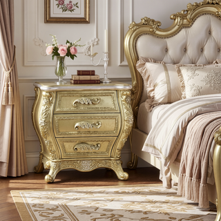Sunvega Gold 3-Drawer Nightstand with Felt-Lined Interior and Safety Stop Mechanism