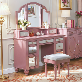 Sunvega Rose Gold Finish Transitional Vanity Set with 3-Sided Mirror and Storage