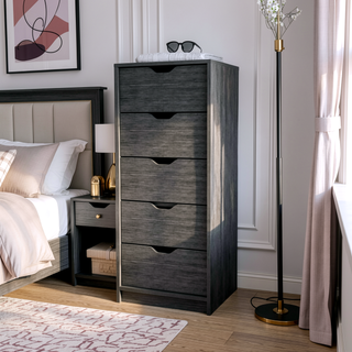 Sunvega Smokey Oak 5 Narrow Drawer Dresser with Pull-Out Mechanism and Spacious Storage