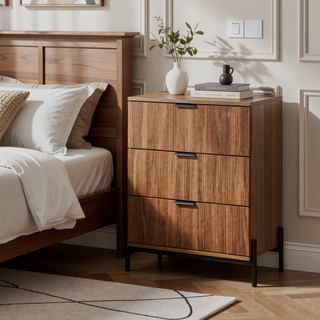 Sunvega Mid-Century Mocha 3-Drawer Chest with Reeded Wood Fronts