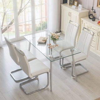 Sunvega Modern Rectangular Glass Dining Table with Tempered Tabletop and Silver Metal Legs