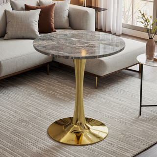 Sunvega Round White Pedestal Side Table with Marble Effect Top for Living Room