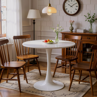 Sunvega White Nordic Style Hourglass-Shaped Round Table with Stable Metal Legs