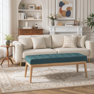 Sunvega Mid Century Modern Tufted Bench with Solid Birch Legs and Natural Finish