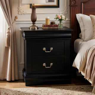 Sunvega Black Nightstand with Two Drawers and Brushed Nickel Handles