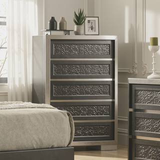 Sunvega Contemporary Dark Gray Chest with Leaf Pattern Molding and Felt Lined Top Drawer