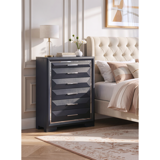 Sunvega Modern Black Wood Veneer Nightstand with Two Drawers for Bedroom