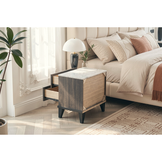Sunvega Cream Oak Nightstand with Faux Marble Top and Rustic Wood Accents