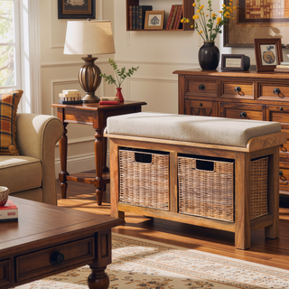 Sunvega Solid Mango Wood Linen Bench with 2 Removable Rattan Storage Baskets