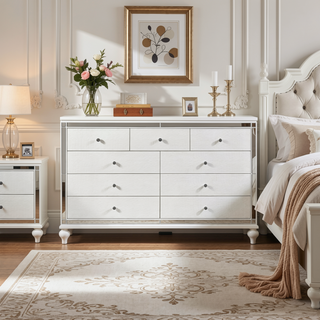 Sunvega Modern White Dresser with 9 Crystal Knob Drawers and Faux Alligator Fronts