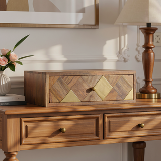 Sunvega Solid Mango Wood Wall-Mounted Nightstand with Brass Inlay Drawer and Gold Finish