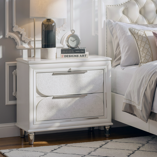 Sunvega Pearl White Nightstand with Acrylic Crystal Legs and Two Deep Storage Drawers