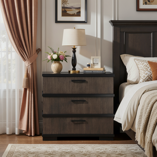 Sunvega Brown Black Finish 2-Drawers Nightstand Modern Industrial Bedroom Furniture
