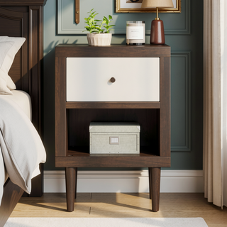 Sunvega Mid-Century Modern Nightstand with Drawer and Shelf for Bedroom Storage
