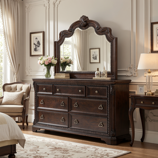 Sunvega Mahogany Finish 7 Drawer Dresser with Custom Hardware and Ash Veneers