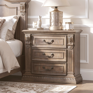 Sunvega Weathered Oak Solid Wood Nightstand with Carved Details and Reeded Posts