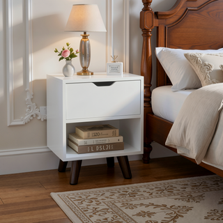 Sunvega Modern Nightstand with Open Shelf and Drawer on Wooden Legs
