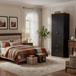Sunvega Double Door Armoire with Two Drawers and Integrated Hanging Rod